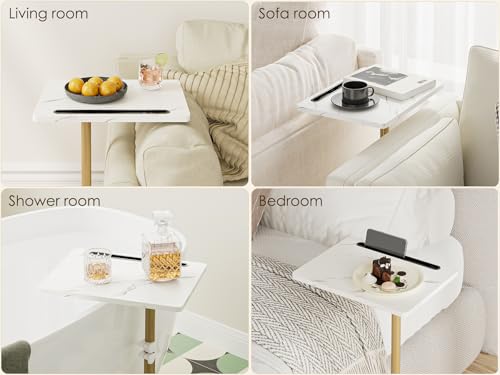 Masupu Sofa Arm Tray Table - 360° Swivel Height Adjustable End Table, Small Snack Side Table for Couch, C Shaped Table for Bed, Chair or TV Tray Table(Marble White and Gold) - color: Marble White