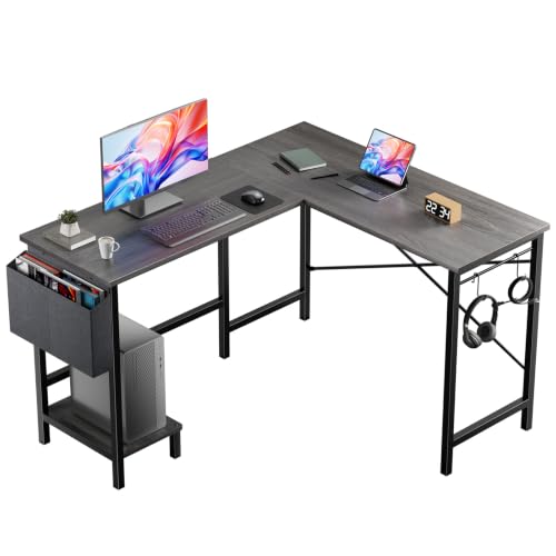 DUMOS L Shaped Computer Desk with PC Stand, Corner Workstation, Grey - color: Grey, size: 50-IN