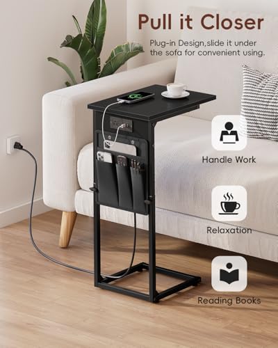 C Shaped End Table with Charging Station, Adjustable Height Side Table for Sofa, Couch Side Table for Small Spaces, Slide Under Sofa TV Tray Snack Arm Tables for Living Room, Bedroom, Black - color: Black, style: With Plug
