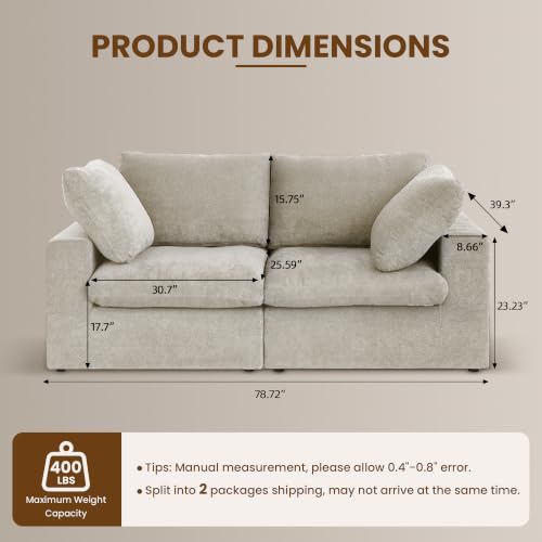 79" Cloud Modular Sofa, Convertible Modular Loveseat Couch, Cotton Linen Fabric Sofa for Living Room, Apartment and Bedroom, Removable Covers, 2 Pillows, Khaki - color: Khaki, size: 2-Seater