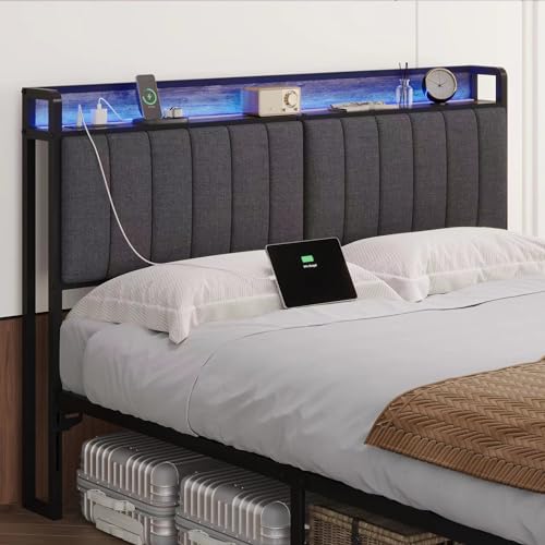 Full Size Upholstered Headboard with LED Lights & Charging Station, USB & Type C Port, Linen Upholstery, Full Headboard Only, Height Adjustable Attach Frame Sturdy and Stable Easy Assembly - color: Gray, size: Full