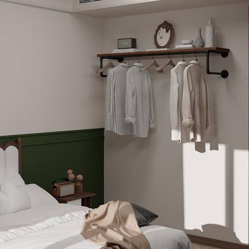 Clothes Rack 48in, Wall Mounted Garment Racks with Real Wood Shelf, Heavy Duty Hanging Clothes Rack, Multi-Purpose Hanging Rod, Space-Saving Closet Storage - color: Brown, size: 1T48IN