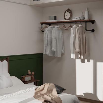 Clothes Rack 48in, Wall Mounted Garment Racks with Real Wood Shelf, Heavy Duty Hanging Clothes Rack, Multi-Purpose Hanging Rod, Space-Saving Closet Storage - color: Brown, size: 1T48IN