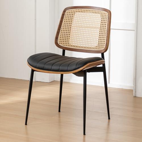 Rattan Dining Room Chairs Set of 4,Mid Century Black PU Leather Kitchen Chairs,Upholstered Seat Metal Legs Chairs with Adjustable Foot Pads,Walnut Armless Side Chairs - color: Black, size: Set of 4
