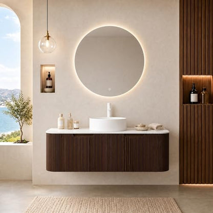 48” Floating Bathroom Vanity with Sink, Fluted Wall-Mounted Solid Wood Cabinet, White Ceramic Round Basin, Faux Marble Top, Soft-Close Drawer, Pre-Assembled, Walnut Woodgrain - color: 04 - Walnut Woodgrain, size: 48"