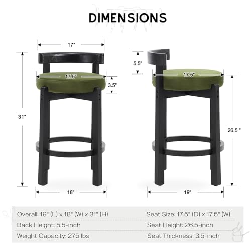 HEAH-YO Mid Century Modern Bar Stools Set of 2, 26.5" Counter Stools with Low Back, Velvet Upholstered Barstools with Black Wood Legs Bar Chairs for Kitchen Island Dining Room, Green - color: 26.5" Green Velvet Black Wood, size: Counter Height - Set of 2