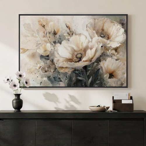 Framed Neutral Floral Wall Art, Botanical Flower Canvas Painting Prints for Modern Farmhouse, Rustic Retro Watercolor Pictures for Living Room Bedroom Dining Room Office Kitchen Wall Decor, 24x36 Inch - color: Neutral Beige