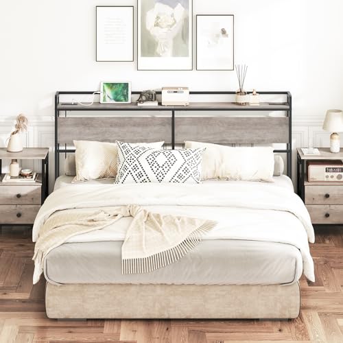 HOOBRO King Size Headboard, Headboard with 2 Outlets and 4 USB Ports, Adjustable Height, Storage Rack, Sturdy and Stable, Easy Assembly, Greige and Black - color: Greige + Black, size: King