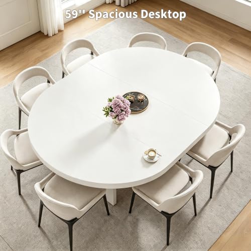 43-59" Expandable Round Dining Table, Kitchen Table with Hidden Storage | Space Saving White Modern Design, Solid Pedestal Base for Dining Room & Small Apartments, Wood Table, Easy Assembly