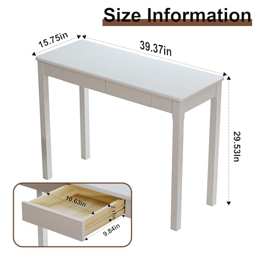 Solid Wood Desk with Drawers - 39 x 16 Inch Narrow Desks, Mid Century Modern Desks, Rubber Wood Study Table, Small Writing Desk for Small Spaces|Bedroom - White - color: White, size: 39.4 in W x 15.7 in D