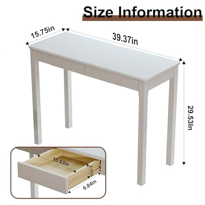 Solid Wood Desk with Drawers - 39 x 16 Inch Narrow Desks, Mid Century Modern Desks, Rubber Wood Study Table, Small Writing Desk for Small Spaces|Bedroom - White - color: White, size: 39.4 in W x 15.7 in D