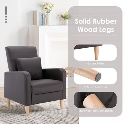 COLAMY Mid-Century Modern Accent Chairs Set of 2, Faux Leather Upholstered Living Room Chairs with Back Pillow & Solid Wood Legs, Comfy Armchair for Living Room, Bedroom, Single Sofa, Dark Brown - color: Dark Brown, size: Set of 2