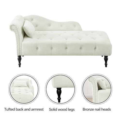 60" Modern Velvet Chaise Lounge Indoor,Upholstered Lounge Chair with Left Armrest and Lumbar Pillow, Button Tufted Lounge Sofa for Living Room Bedroom Office,Mini Chaise Longue Sofa (White) - color: White