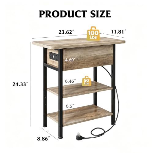 WLIVE 3-Tier End Table with Charging Station Flip Top Narrow Nightstand | 2 USB Ports+2 AC Outlets; Flip Top Hidden Storage; 2 Open Shelves; Small Space Living Room Bedroom; Sturdy Carbon Steel Frame - color: Greige
