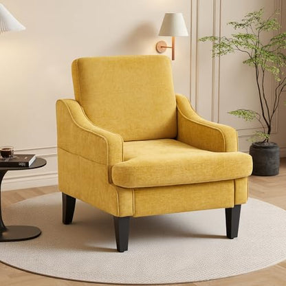 Accent Chair for Living Room,Mid-Century Arm Chair Chenille Fabric Living Room Chairs,Upholstered Reading Chair for Bedroom,Single Sofa Chair with Wood Legs for Apartment (Yellow) - color: Yellow