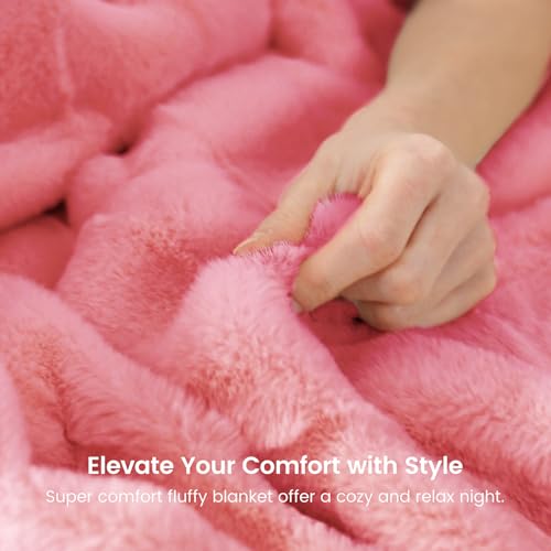 Cozy Bliss Fluffy Faux Fur Blanket Queen Size for Bed, Fuzzy Soft Striped Plush Blanket, Thick Throw for Bedroom Couch Gift, 90x90 Inches Pink - color: Hot Pink, size: Queen(90" x 90")