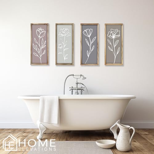 3D Wooden Floral Bathroom Wall Decor, Set of 4 Framed Wall Art | For Living Room, Bedroom, Dining, Office & Kitchen – Boho Botanical Wall Hanging, Modern Farmhouse Home Decor & Gift