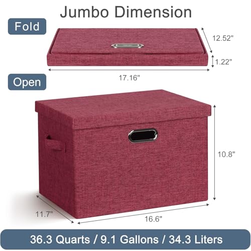 Storage Bins with Lids Fabric Closet Organizers Cubes Office Organization | 36 Quart 3 Pack Bright Red Collapsible Stackable Linen Fabric 4 Handles Bedroom Closet Cabinet Under Bed Clothes Toy Office - color: Bright Red, size: Large -3 Pack