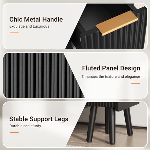 ELYKEN 7.9" Fluted Narrow Nightstand, 20.6" H Skinny Side Table, Black | Compact Design for Small Spaces, 2 Drawers, Modern Black Finish, Perfect as Bedside Table, End Table or Sofa Side Table - color: Black-1 Pcs