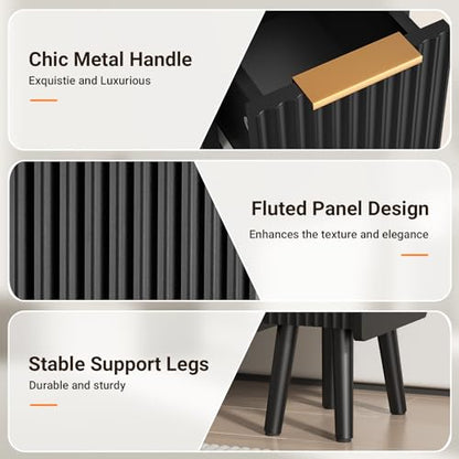 ELYKEN 7.9" Fluted Narrow Nightstand, 20.6" H Skinny Side Table, Black | Compact Design for Small Spaces, 2 Drawers, Modern Black Finish, Perfect as Bedside Table, End Table or Sofa Side Table - color: Black-1 Pcs