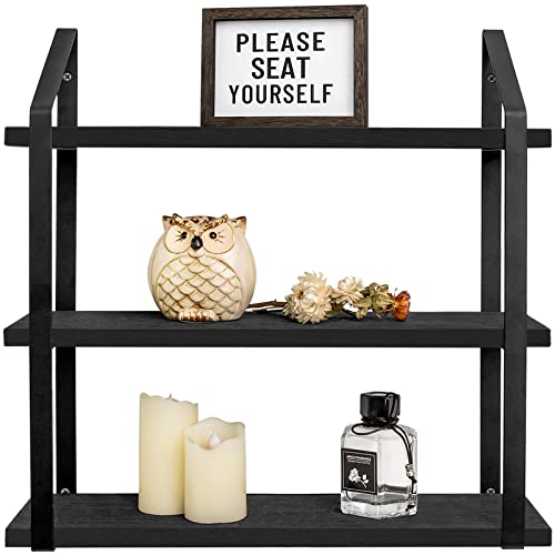 Mkono Floating Wall Shelves 3 Tier Rustic Hanging Shelf with Metal Bracket Wall Mount Wood Storage Display Shelves for Living Room Bathroom Bedroom Kitchen Office,Black | Bathroom Storage, Clutter-Free, Easy Install, Rustic Decor, Over Toilet Organizer, F