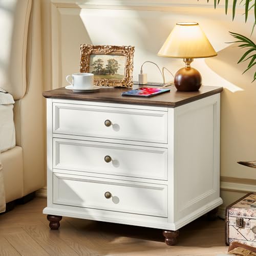 Joaxswe Farmhouse Nightstand with Charging Station, 24" Wide End Table with 3 Drawers,White Wood Dresser for Bedroom, Bed Side Table Chest of Drawers Cabinet,Night Stand for Living Room, Closet - color: White, size: 19.76"D x 24"W x 22.91"H (3 Drawers)