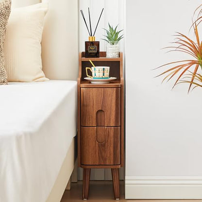 Narrow Nightstand Set of 2, Wood 2 Drawer Small Nightstand, Slim Side Table, Modern Skinny End Bedside Table, Natural Wood Night Stand with Drawers for Bedroom (Walnut-2 pcs) - color: Walnut-2 Pcs
