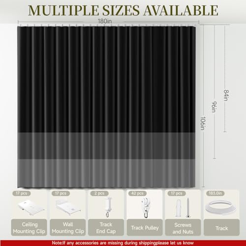 Room Divider Curtains Set, Extra Wide Blackout Curtains with Mounted Track | 100% Blackout, 3-Layer Soft Breathable Fabric, Thermal Insulated, Silding Wall Divider for Bedroom,Apartment, Space Partition - color: Black, size: 180"W x 84"L (Pack of 1)
