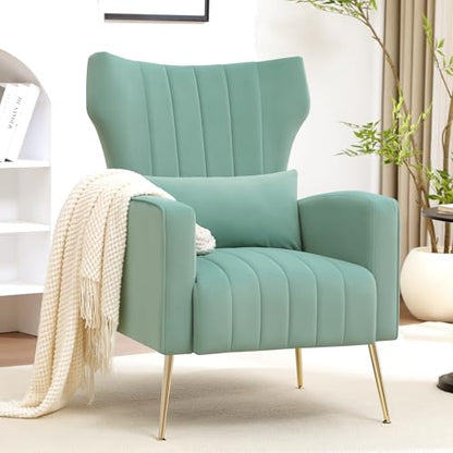 Modern Accent Chair Upholstered Living Room Chair,High Back Arm Chair with Metal Legs Lumbar Reading Chair for Bedroom, Apartment, Small Spaces Lake Green - color: Lake Green, size: Set of 1