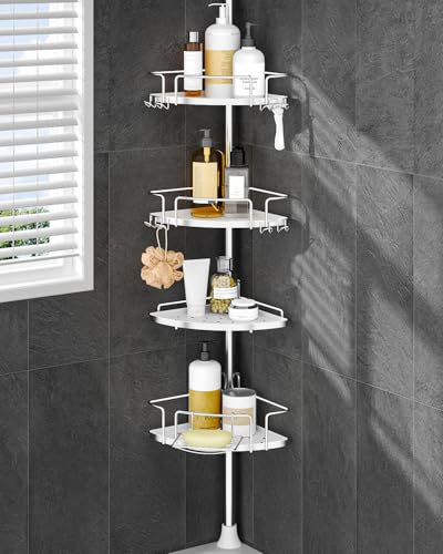 ALLZONE Corner Shower Caddy Tension Pole, 4 Hang-On Basket with Mixed-Height Shelves for Various Bottle Sizes, Extra Hooks & Soap Holder, Rustproof Stainless Steel, Fits 34–116 Inch, Silver/White - color: Silver/White
