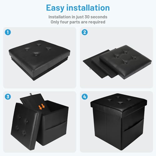 Bsketa Storage Ottoman Bench,15 Inch Folding Leather Foot Rest Stool, Black | Small Ottoman with Side Pockets, Thicker Foam Padded Seat, Livingroom, Dorm, Bedroom, Easy to install, 40L, 15x15x15in - color: Black-with Side Pockets