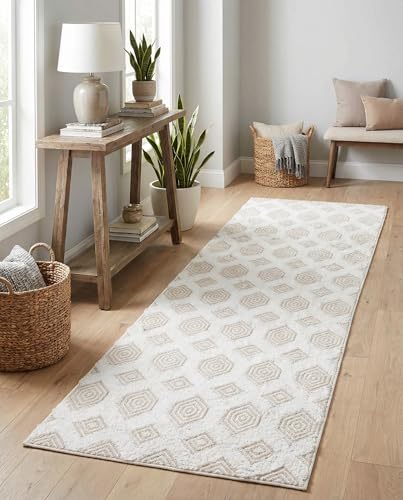 Rugs.com - Sabrina Soto Casa Rug – 8 Ft Runner Beige Cotton Textured Runner Modern Geometric Design for Hallways, Entryways, and Bedrooms - color: Beige, size: 2'3" x 8' (Runner)
