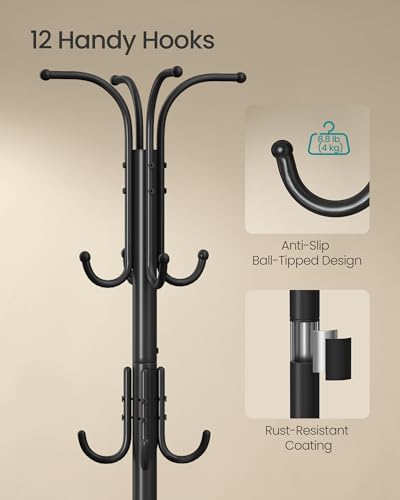 SONGMICS Coat Rack Freestanding Metal Coat Rack Stand with 12 Hooks | Coat Rack with Umbrella Holder, Ink Black, URCR011B01V1 - style: with round umbrella holder