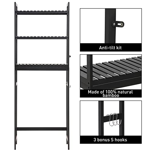 HITOMEN Over The Toilet Storage Cabinet, Bamboo Adjustable 3-Tier Above Toilet Shelf, Stable Freestanding Above Toilet Organizer with 3 Hooks for Bathroom Restroom Laundry Balcony, Black 67" H