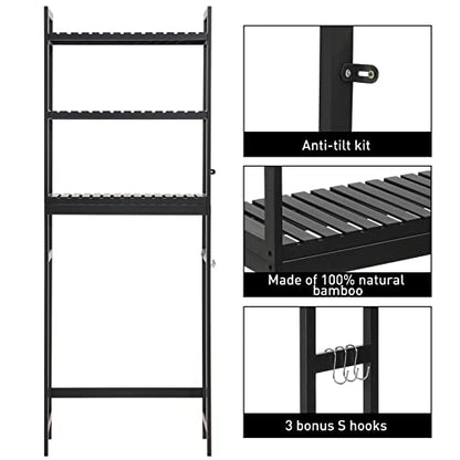 HITOMEN Over The Toilet Storage Cabinet, Bamboo Adjustable 3-Tier Above Toilet Shelf, Stable Freestanding Above Toilet Organizer with 3 Hooks for Bathroom Restroom Laundry Balcony, Black 67" H