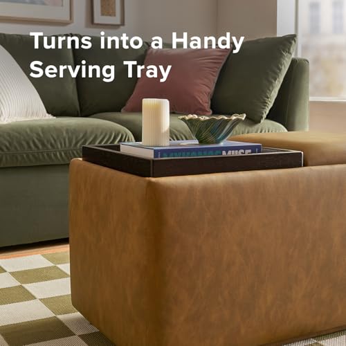 mopio Levi Storage Bench with Reversible Tray, Modern Storage Coffee Table, Bedroom Bench, Rectangular Cube Upholstered Coffee Table Ottoman for Living Room, Bedroom (Faux Leather, Pecan Brown) - color: Brown Pu Leather, Rect.