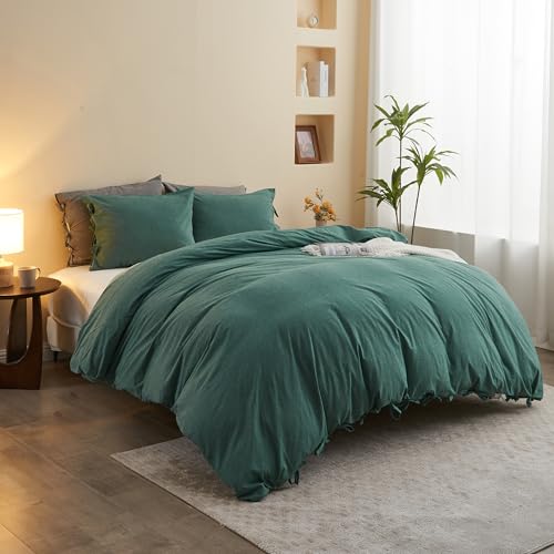 BISELINA 100% Washed Cotton Duvet Cover Set 3pcs with Bowknot Ties Strap Solid Color Linen Like Textured Durable Breathable Soft Comfy Chic Bedding (King, Dark Green) - color: Dark Green, size: King