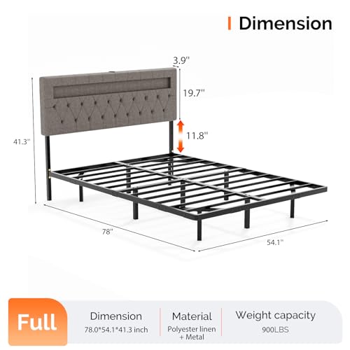 VINGLI Full Size Floating Bed Frame with LED Lights, Adjustable Velvet Upholstered Bed with Charging Station, Modern Metal Full Bed, Easy Assembly, No Box Spring Needed, Grey - color: Grey, size: Full