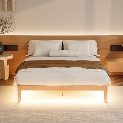 Queen Size Wood Bed Frame with LED Lights, 12 Inch Solid Wood Platform Bed | Natural Finish Platform Bed with Wooden Slats Support, 8.7-inch Under Bed Space, No Box Spring, Noise Free, Easy Assembly - size: Queen (U.S. Standard)