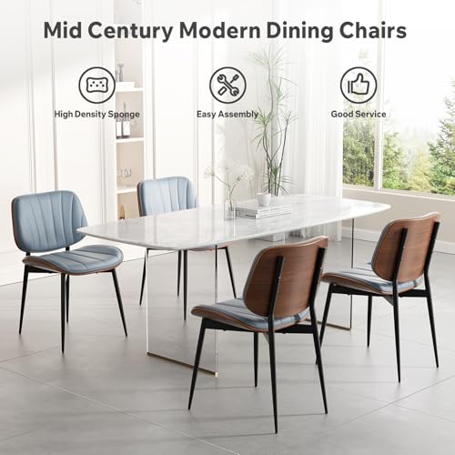 Dining Chair, Mid Century Modern Dining Room Chairs, Upholstered Faux Leather Kitchen Chairs with Walnut Bentwood Back and Metal Legs for Kitchen Dining Room Living Room, Blue - color: Blue, size: Set of 1