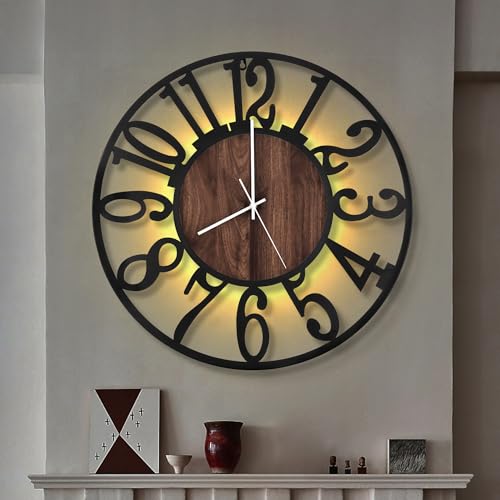 LEIKE Large LED Wall Clocks,Silent,Non Ticking,Battery Operated Rustic Round Modern Big Wood Wall Clock for Living Room, Bedroom,Kitchen,Farmhouse,Office,Home Decor -20" Black,LED,Arabic Number - color: Led-black Wood-arabic Number, size: 20 IN