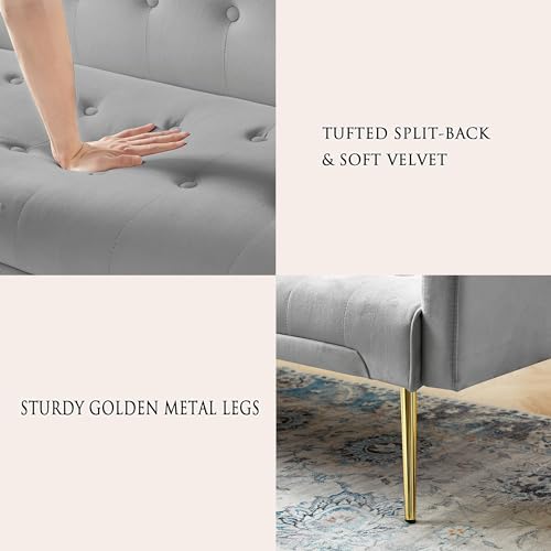 72''Modern Velvet Sofa Bed Futon,Convertible Folding Sleeper Couches with 3 Adjustable Backrests,Tufted Recliner Loveseat with Golden Chrome Legs for Living Room Apartment Office (Light Gray-new) - color: Light Gray-new