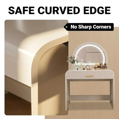 Makeup Vanity Desk with LED Touch Screen Lighted Mirror, Wooden Vanity Table with Drawer, Curved Edge Dressing Table with Removable Mirror for Bedroom (White) - color: White