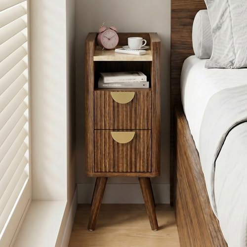 Narrow Nightstand with Drawers,Tall Skinny Bedside Table Dorm,Walnut | Small Side Table Set of 2 for Bedroom, Slim End Table for Livingroom, Boho Style Marble Nightstand - color: Walnut, size: 1