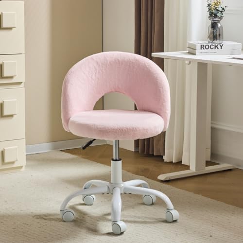 VINGLI Small Vanity Chair with Faux Fur Wheels for Girls,Cute Adjustable Height Armless Office Desk Chair,360°Swivel Comfy Rolling for Study,Make up Room,Small Space,Light Pink - color: Furry Pink