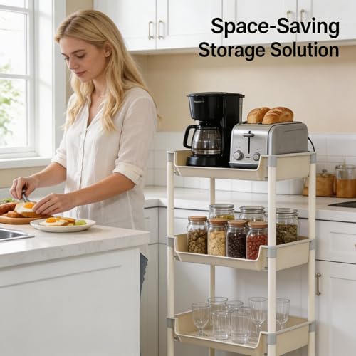 3-Tier Rolling Storage Cart, White Plastic, Slim Organizer for Kitchen, Bathroom, and Office, 11 x 7.5 x 44 Inches