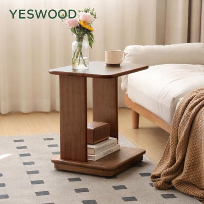 100% Solid Wood C-Shaped End Table for Couch, Rolling Side Table with Wheels, C Table for Small Space, Living Room, Bedroom, Walnut Finish, 19.69" H - color: Walnut-19.69"h