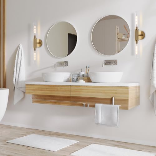 Gold Knurled Texture Wall Sconces 24" Modern Cylinder Bathroom Vanity Lights Fixtures with Clear Striped Glass Shade 2-Lights Indoor Wall Lighting for Living Room Bedroom Kitchen - color: Gold Knurled Texture/Clear