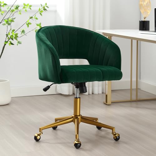 Desk Chair with Wheels, Gold Base, Velvet Accent Vanity Armchair, Green | Spacious‌ Soft Seat, Swivel Height Adjustable, Rocking Function, Modern Stripe for Girls &Women Bedroom Makeup or Nail - color: Dark Green Velvet