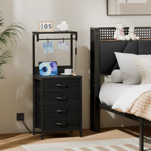 Tall Nightstand with Charging Station, Bed Side Table & End Table | 4 Fabric Drawers and Storage Wood Shelves, Dorm Nightstand with LED Light, Black Night Stand for Bedroom, Dorm, Hallway - color: Black Oak
